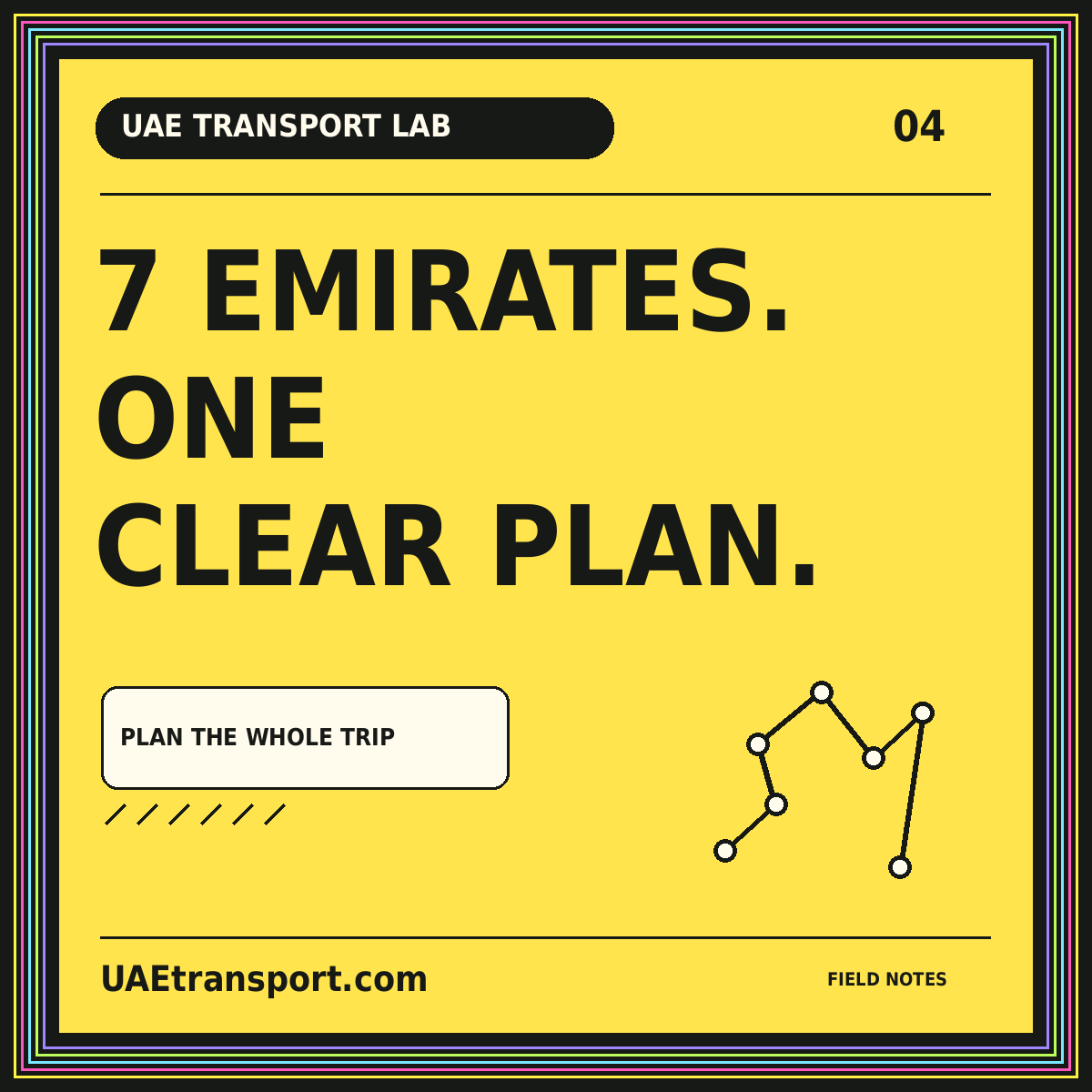 UAE Transport Lab typography card: 7 Emirates., One, Clear Plan.