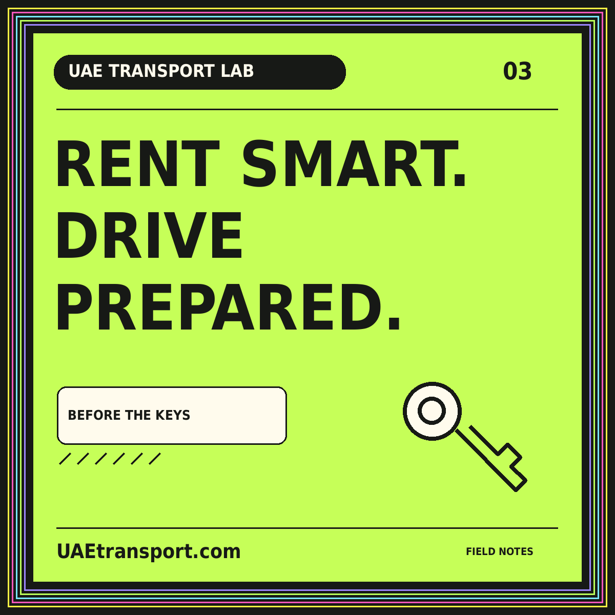 UAE Transport Lab typography card: Rent Smart., Drive, Prepared.