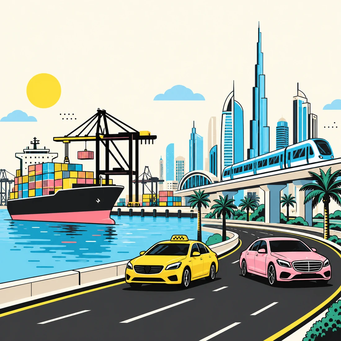 Illustration of a UAE skyline with a metro, private cars, a container ship and port cranes
