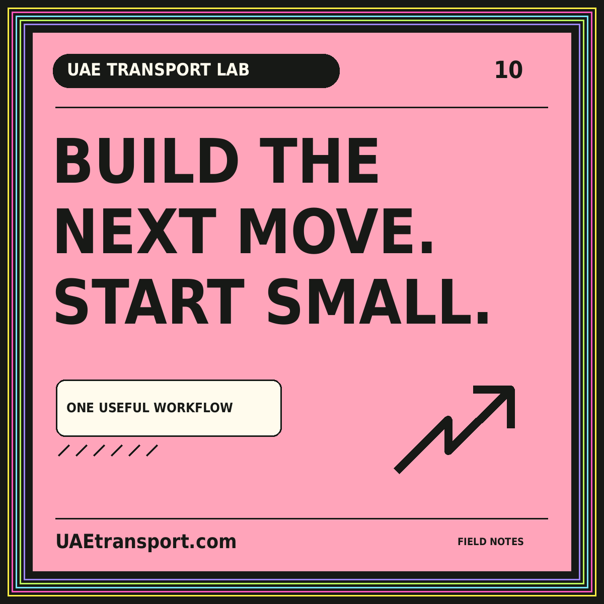 UAE Transport Lab typography card: Build The, Next Move., Start Small.